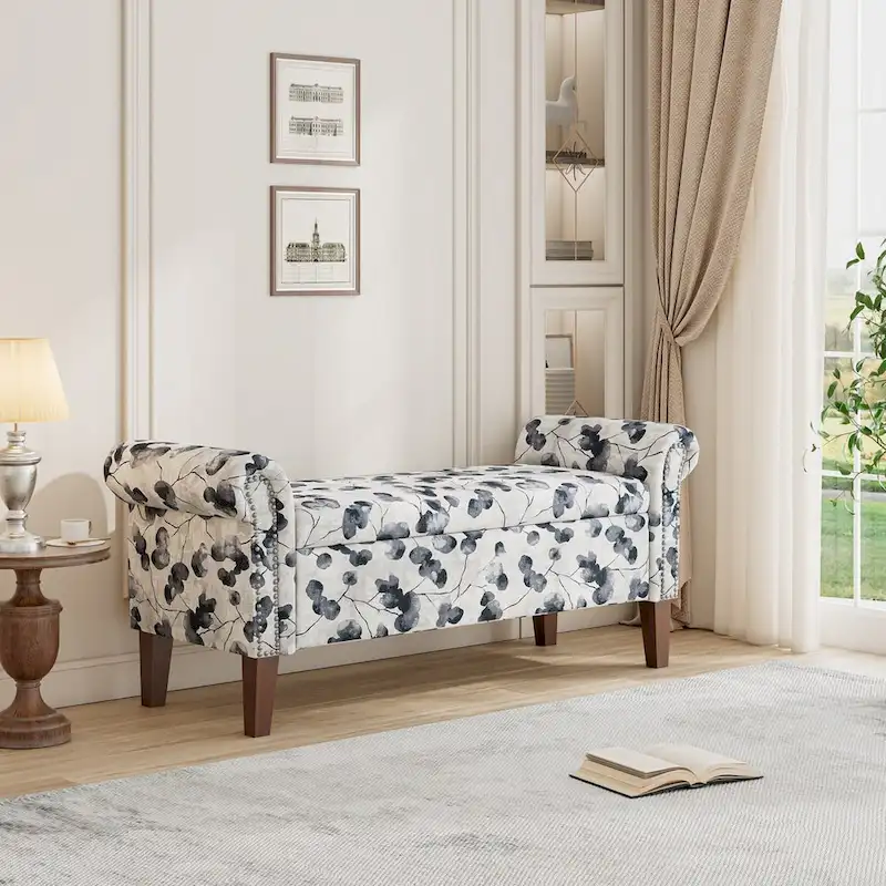Traditional Rolled Arm Storage Bench Ottoman with Nailheads