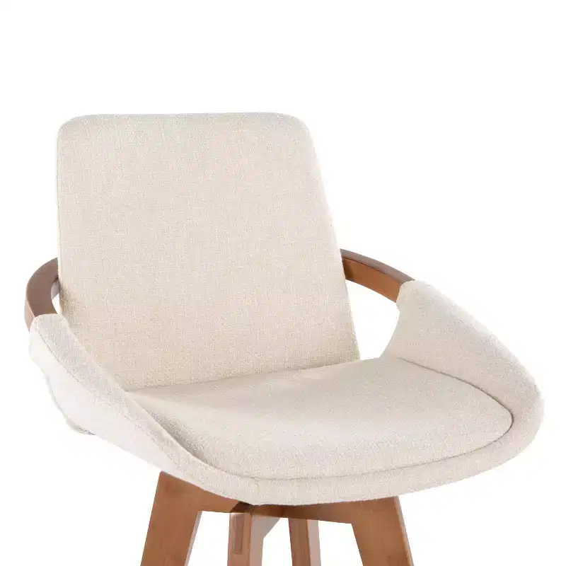 Mid-Century Counter Height Barstool, Walnut Bamboo Frame, Cream Fabric, 360° Swivel