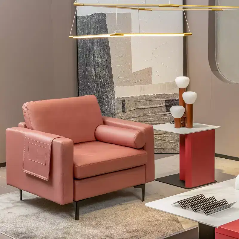 Costway Modern Accent Armchair Single Sofa with Bolster & Side Storage Pocket Coral Pink/Grey