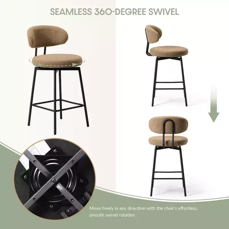 Modern Upholstered Faux Shearling Fabric Counter Height Bar Stools with Back (Set of 2