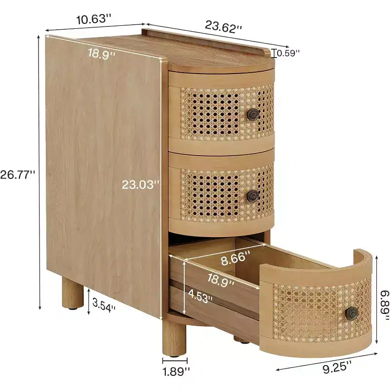 3-Drawer Rattan End Table, Slim Sofa Side Table with Vintage Embossed Handles, Oak Finish