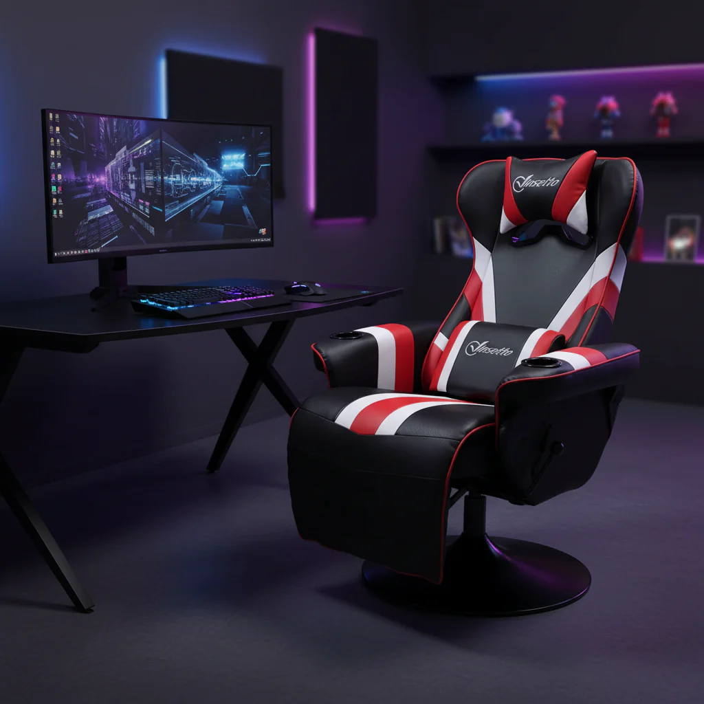 90-130° Recliner Gaming Chair with Swivel Base, Cup Holder, Head & Lumbar Pillow, Footrest