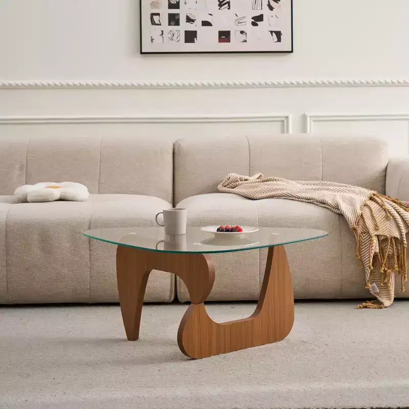 Brown Wood Sculptural Base Glass Top Coffee Table, 1-2 Persons
