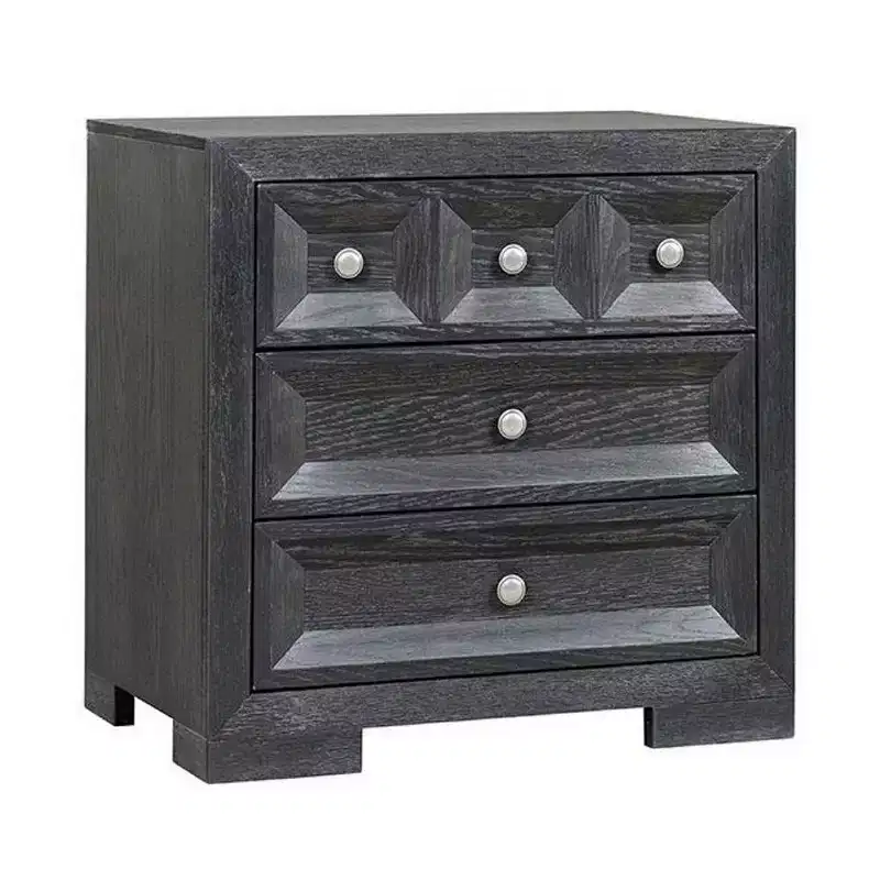 Royal Hampton Kizie Nightstand, 3 Drawers, USB A-C, Weathered Black Wood, 28 Inch