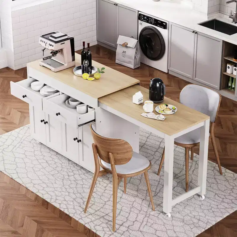 JVNOXK 74 inch Mobile Kitchen Island with Wheels and Extendable Dining Table, Includes Spice Rack and 2 Drawers, Suitable for Kitchen, White