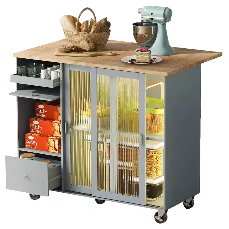Rolling Kitchen Island Cart with LED Light, Adjustable Shelf Kitchen Island Table with Storage 2 Drawers, Island on Wheels