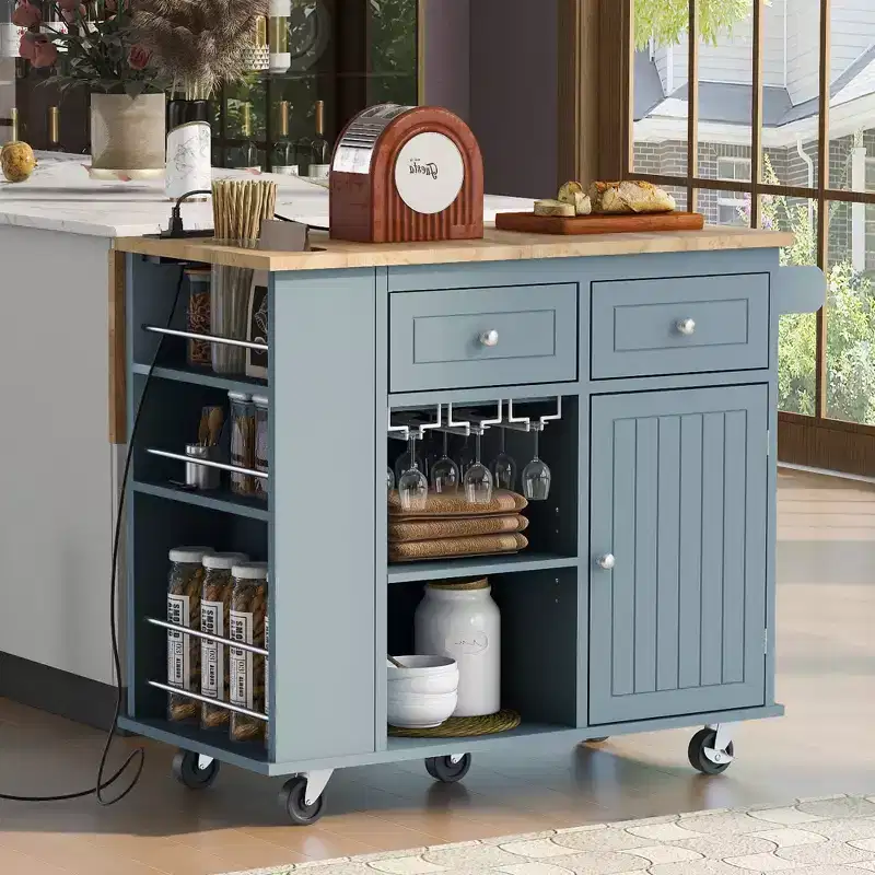 Kitchen Island with Power Outlet, Drop Leaf, Wine Rack and Adjustable Storage for Kitchen and Dining Room, Blue