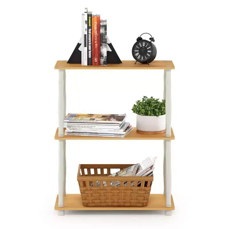 3-Tier Decorative Bookshelf Open Multipurpose Shelf Bookcase Freestanding Display Rack with Classic Tube,Beech/White