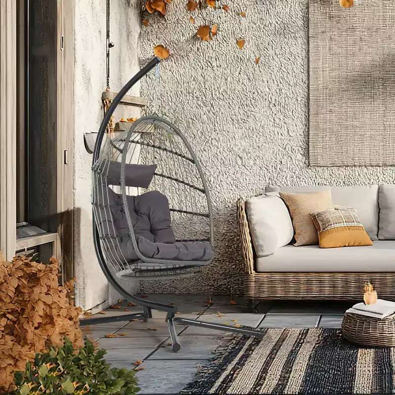 Indoor Outdoor Hanging Egg Chair with Stand, Patio Wicker Swing Egg Chair with Cushion 350lbs Capacity