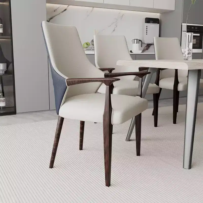 Grey / Taupe Mid-Century High-Back Leather Dining Arm Chair with Wood Legs – Set of 2 (Seats 1 per Chair)