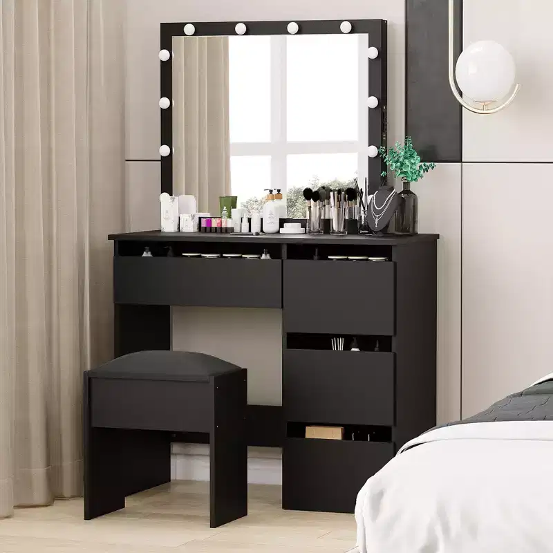 Vanity Bench with Soft Padded Cushion, Elegant Makeup Stool, Sturdy Seat for Bedroom, Dressing Room, Versatile Accent Chair, Black