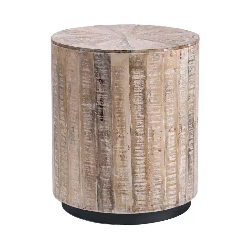 Round Tan Solid Mango Wood Accent End Table, Coastal Rustic Style, Whitewashed Finish