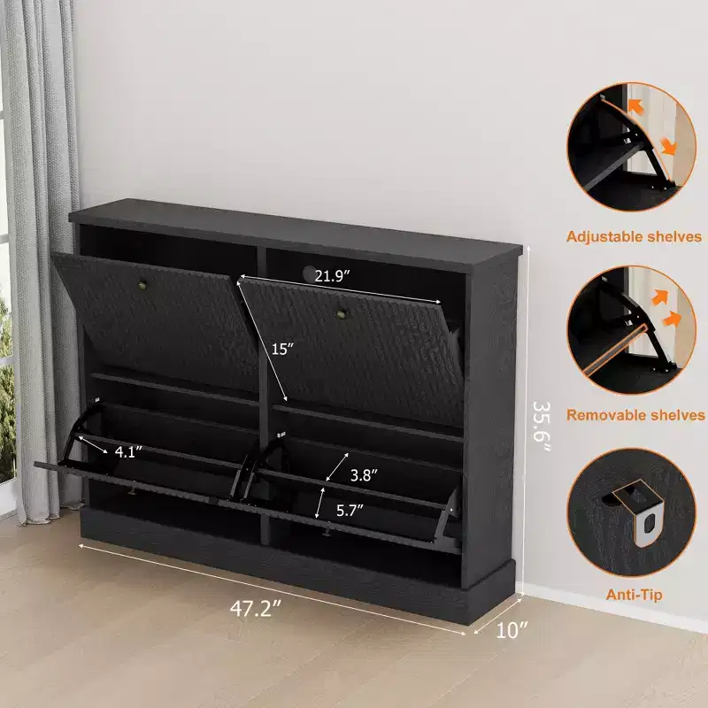 Shoe Cabinet with 4 Flip Drawers, Modern Narrow Wave Shoe Organizer with Adjustable Shelves,Shoe Cabinet for Entryway, Living Room, Hallway
