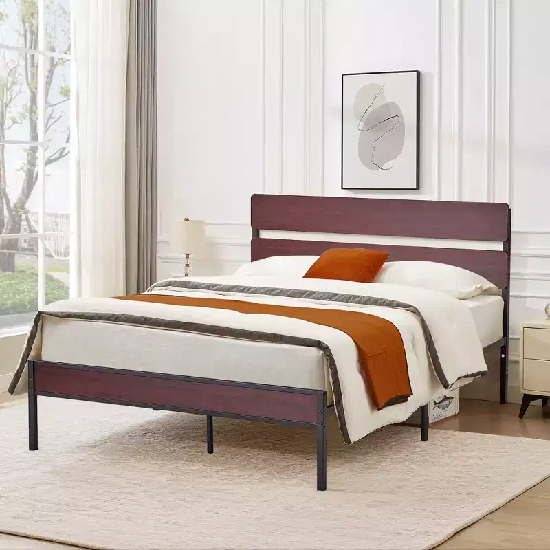 Queen/King Size Bed Frame with Wooden Headboard, Metal Platform, No Box Spring Needed, Heavy Duty Steel Slat, Brown