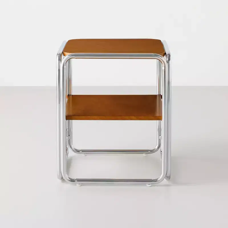 Square Accent Table with Chrome Frame - Brown Wood Shelves