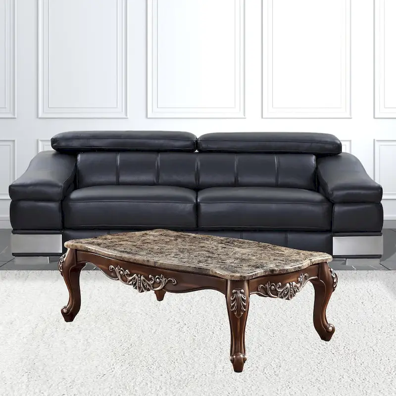 57-Inch Coffee Table with Faux Marble Top – Brown and Oak Finish