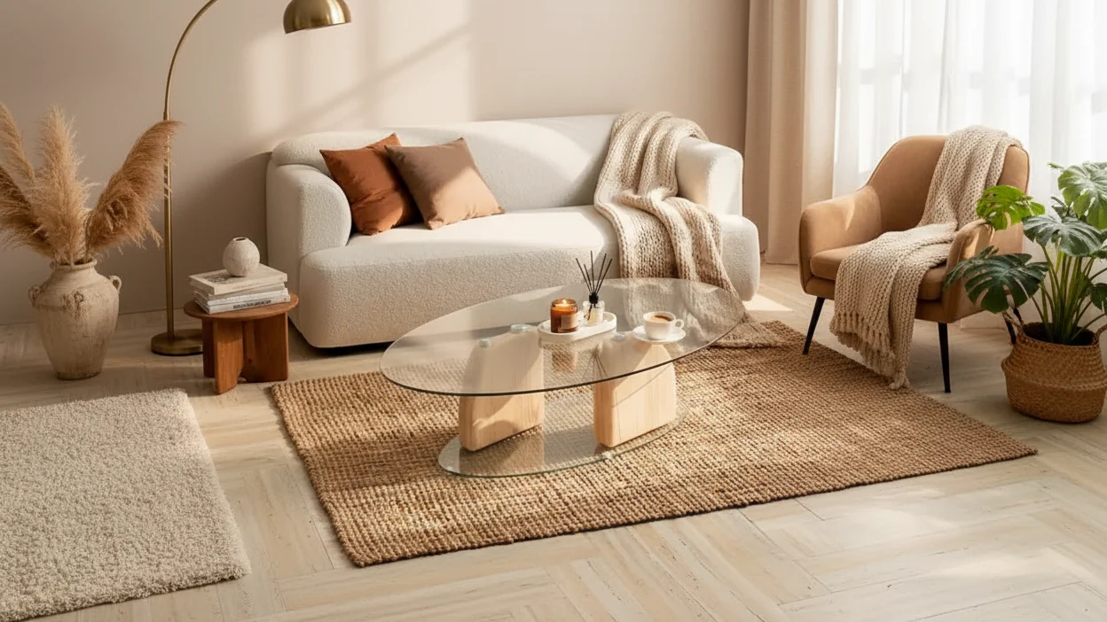 Modern Oval Glass and Lightweight Concrete Coffee Table