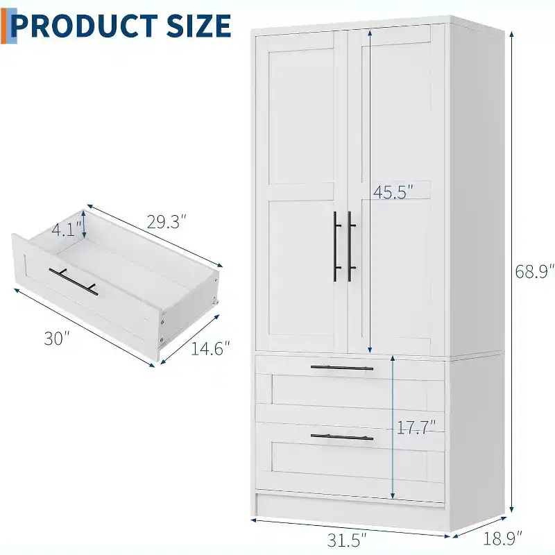 Wooden Armoire Wardrobe Closet with 2 Drawers, 70 Tall Storage Cabinet with 2 Doors, Modern Bedroom Clothing Armoires with Hanging Rods, White