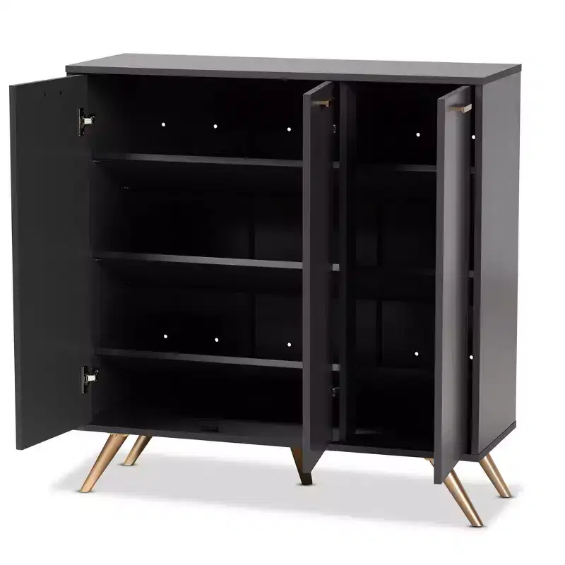 Kelson Wood 3 Door Cabinet Dark Gray/Gold - Baxton Studio: Entryway Organizer with 4 Shelves