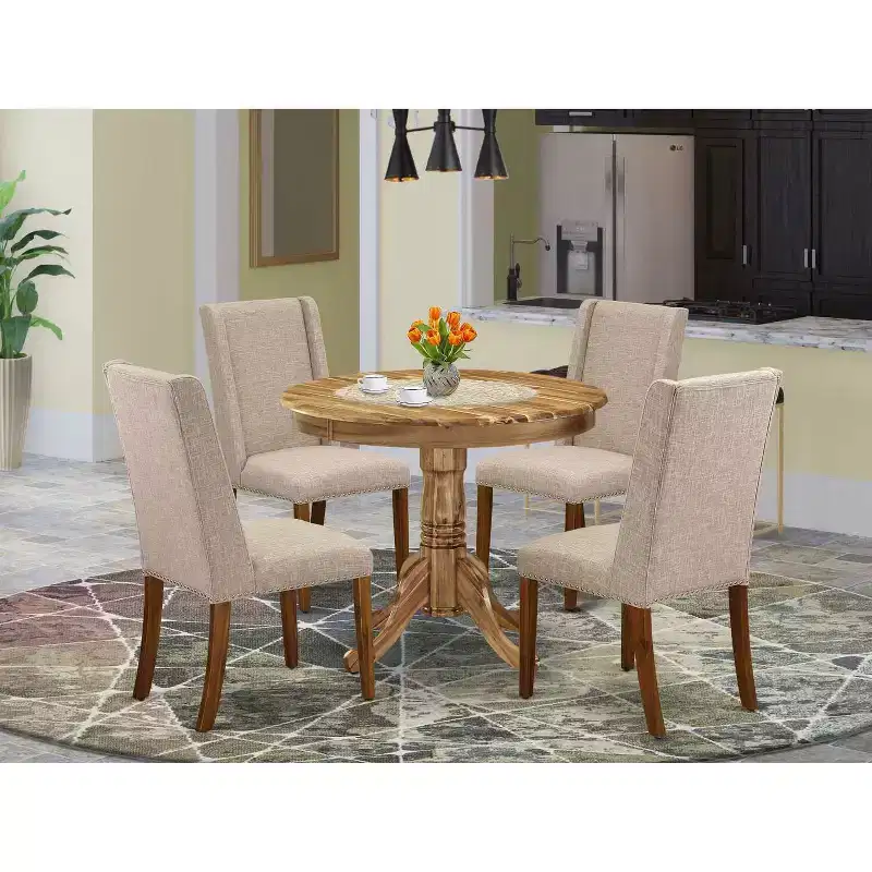 HomeStock 5-Piece Round Natural Oak Finish Solid Wood Top Dining Table with 4 Parson Chair