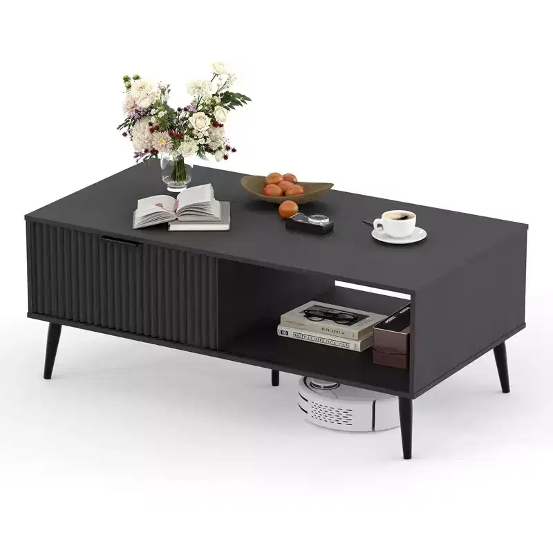 41.34 Wooden Coffee Table with Storage Cabinet, Two-Tier Design, Wave-Style Sliding Doors