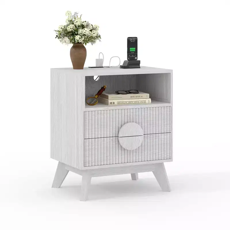 A 1/2-striped nightstand with a charging station, featuring 2 drawers, an open shelf, and legs, suitable for the bedroom, sofa area, and living room.
