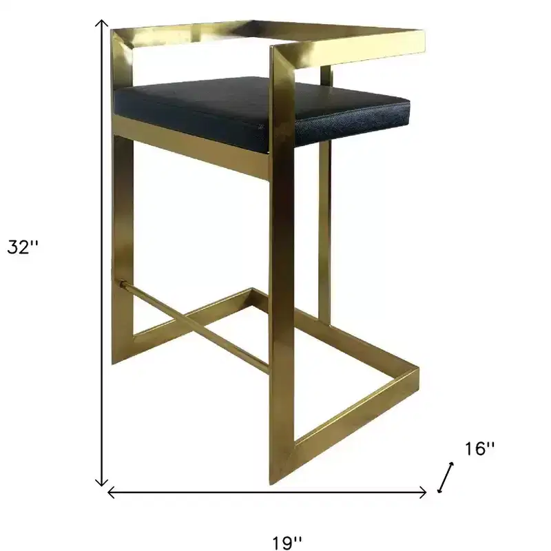 HomeRoots 26 Black and Gold Faux Leather and Stainless Steel Low Back Counter Height Bar Chair