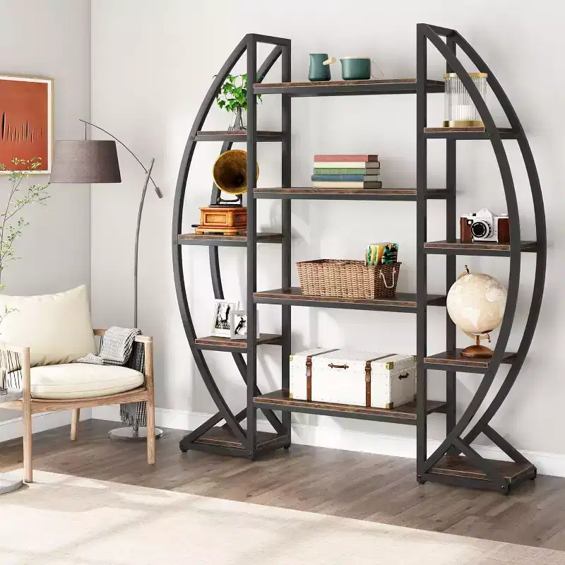 Triple Wide 5-Tier Oval Etagere Bookcase, Industrial Display Shelves, Brown 55