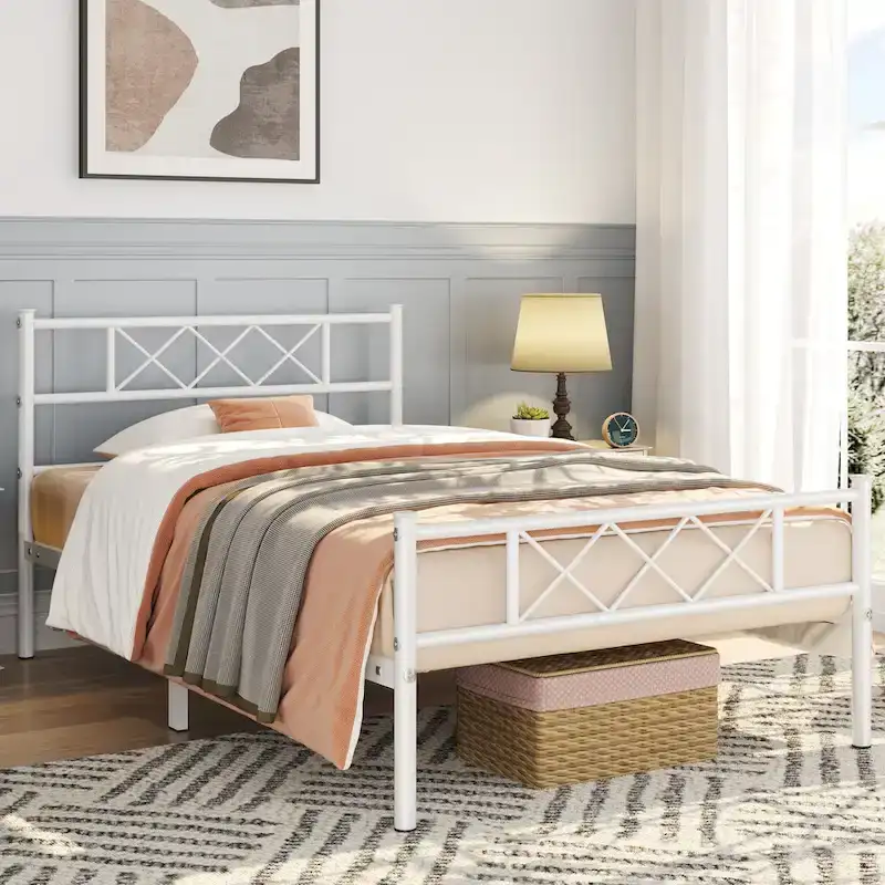Metal Bed Frame with Slatted Base
