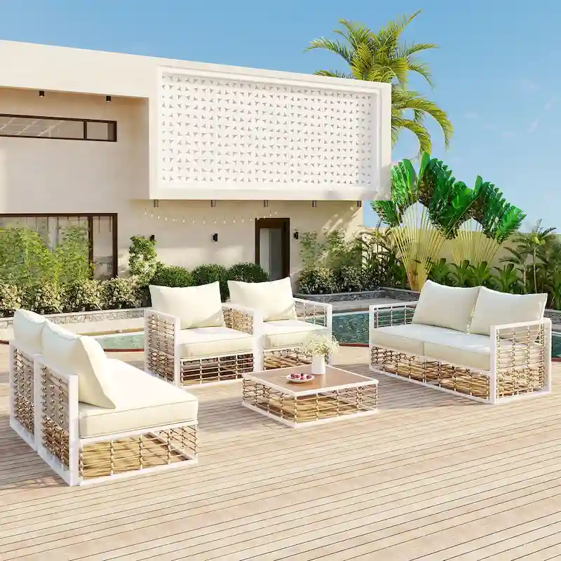 7 Piece Patio Furniture Set, All-Weather Conversation Furniture Set, Patio Sectional Sofa Set with Cushions and Coffee Table