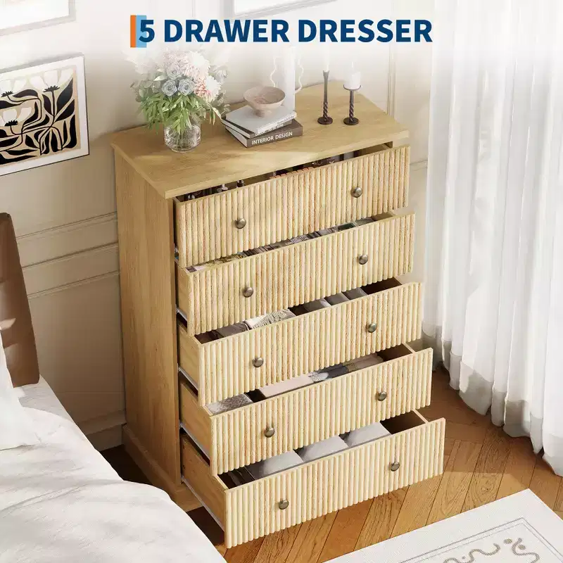 Acekool 5 Drawer Tall Dresser for Bedroom Vertical Wooden Closet Chest with Raised Base Organizer