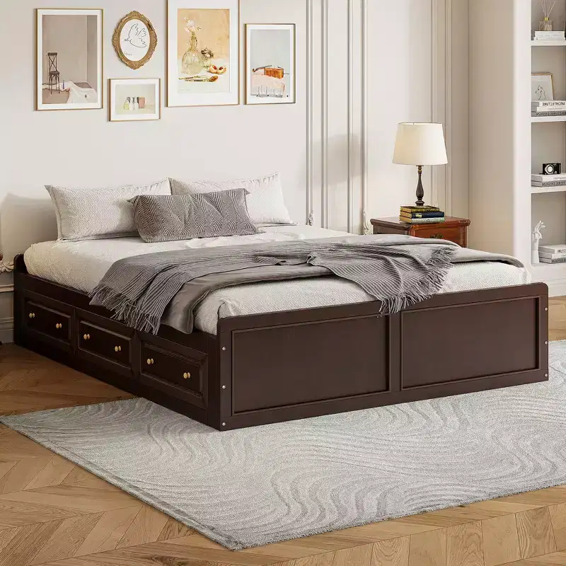 Queen Size Wood Platform Bed, Bed Frame with 6 Drawers