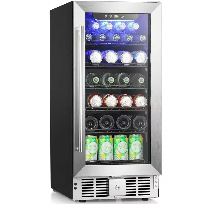 15-Inch 115-Can Beverage Fridge, 2.9 Cu.Ft Cooler with Safety Lock, Low Noise, Transparent Glass Door with Stainless Steel Handle