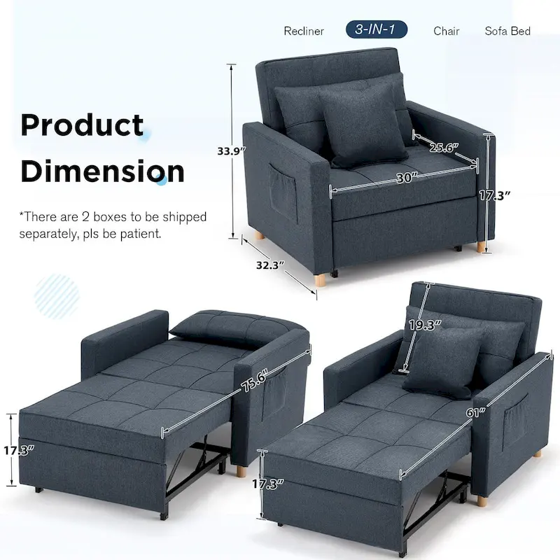 Adjustable Sleeper Chair Bed, 3-in-1 Convertible, Multiple Colors, Fits 1 Person