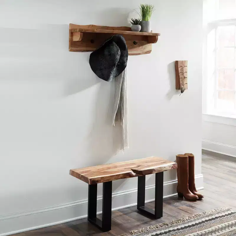 Alaterre Furniture Alpine Natural Brown Live Edge 36 Bench with Coat Hook Shelf Set Metal And Wood