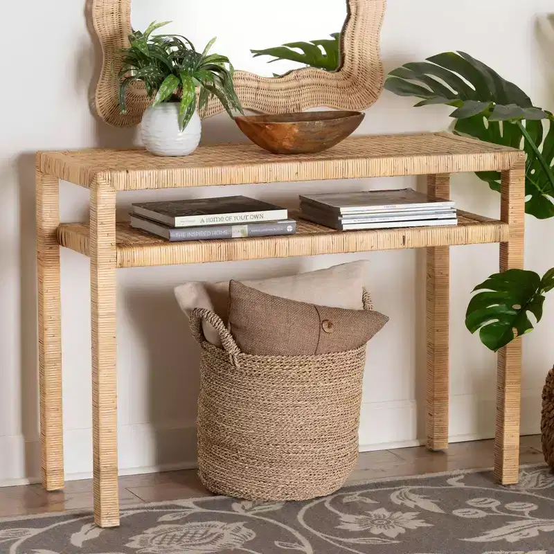 bali & pari Kalimantan Rattan and Acacia Wood Console Table Light Honey