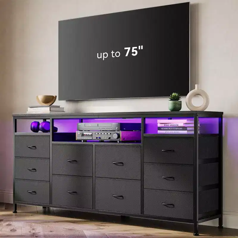 63.3 Inch 10 Drawer Dresser TV Stand for 65 70 75 Inch TV, Fabric Chest of Drawers with LED Light & Power Outlet, Long Entertainment Center