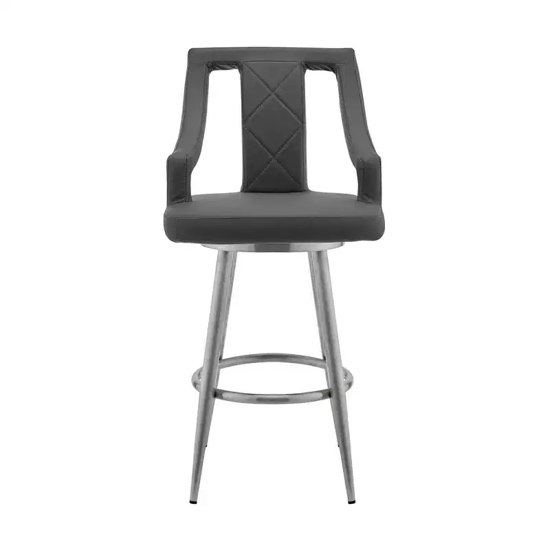 HomeRoots 29 Gray And Silver Faux Leather And Iron Swivel Bar Height Bar Chair