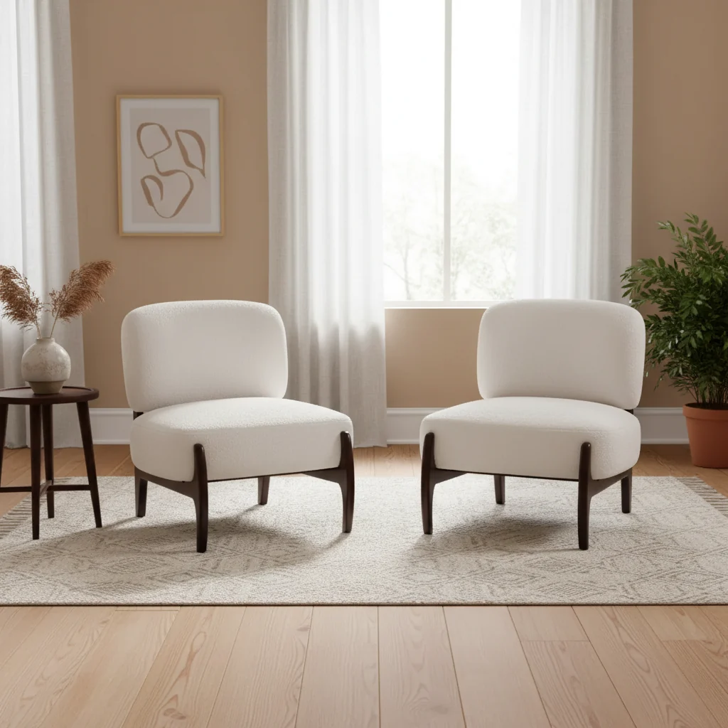 Set of 2 Modern Rubberwood Boucle Upholstered Accent Chairs