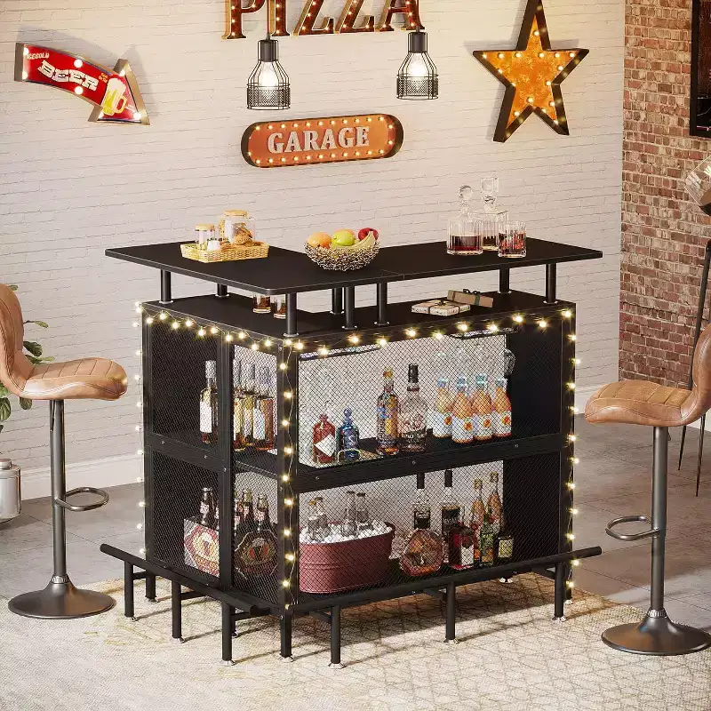 2-Tier L-Shaped Home Bar Unit – Stemware Racks, Open Shelves, Metal Mesh