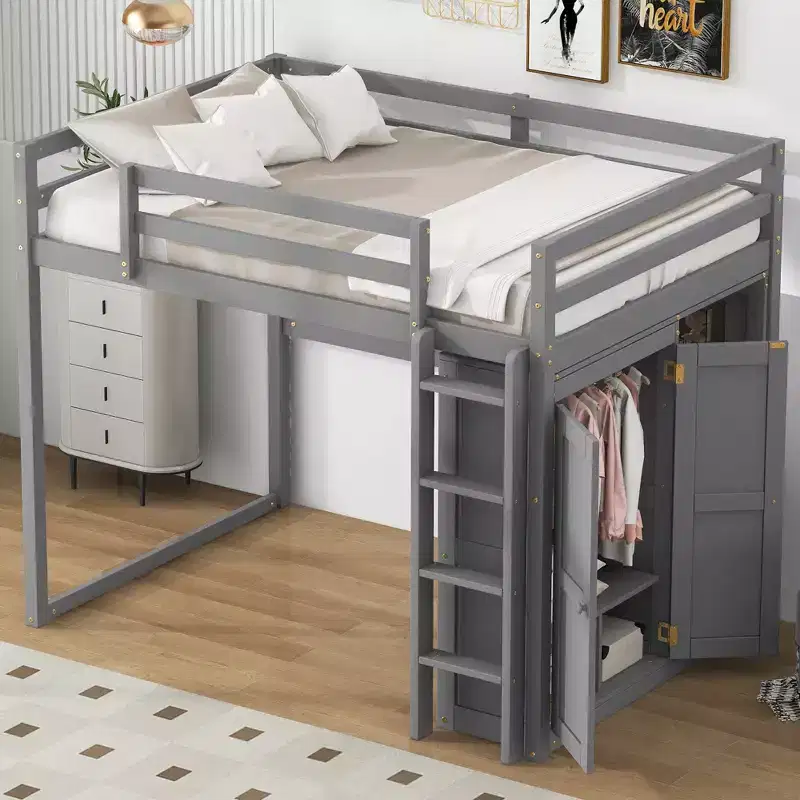 79.5''L 57.0''W Full Size Loft Bed with Built-in Wardrobe, Storage Shelves and LED Light