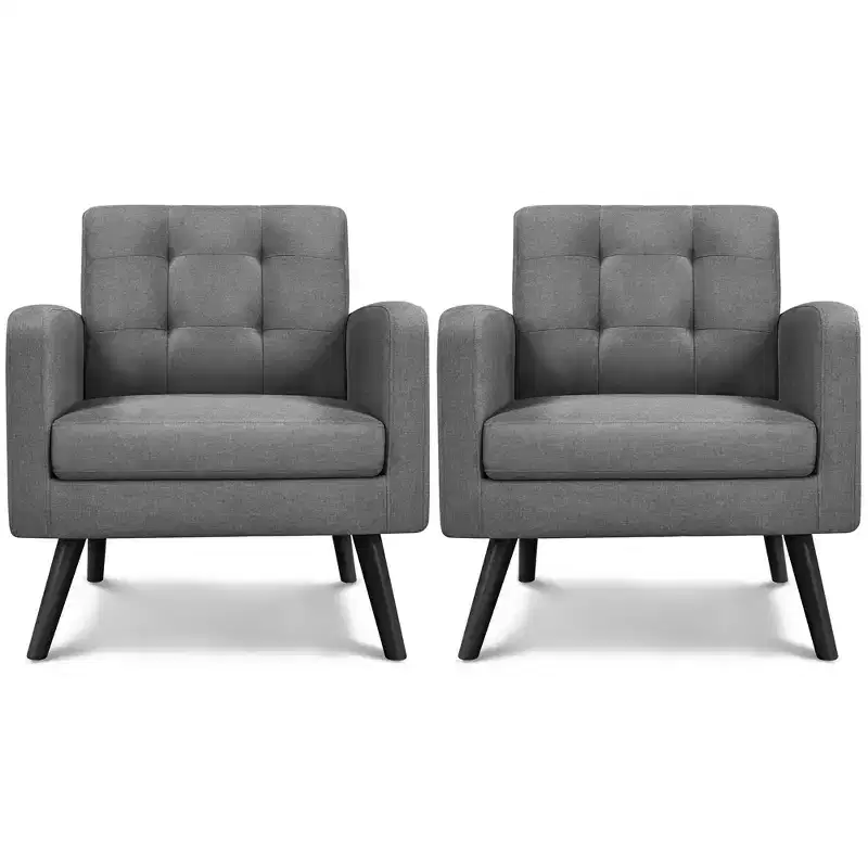 Set of 2 Mid-Century Tufted Accent Arm Chairs with Rubberwood Legs