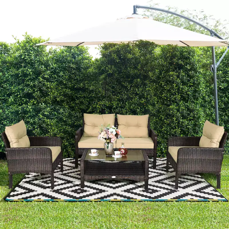 Costway 4PCS Patio Rattan Furniture Set Loveseat Sofa Coffee Table Sofa w/Cushion Garden