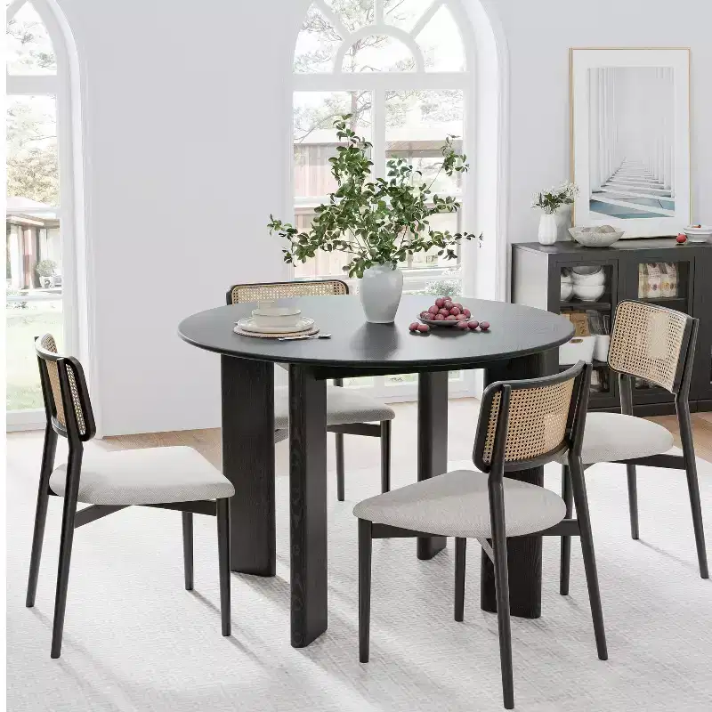 PexFix 42 Black Solid Wood Farmhouse Dining Table Round Wood Top for Modern Dining Rooms & Family Gatherings