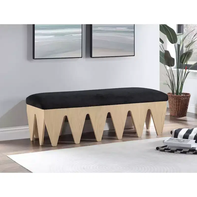 Velour Fur Fabric Upholstered Bench with Art Deco Oak Veneer Base