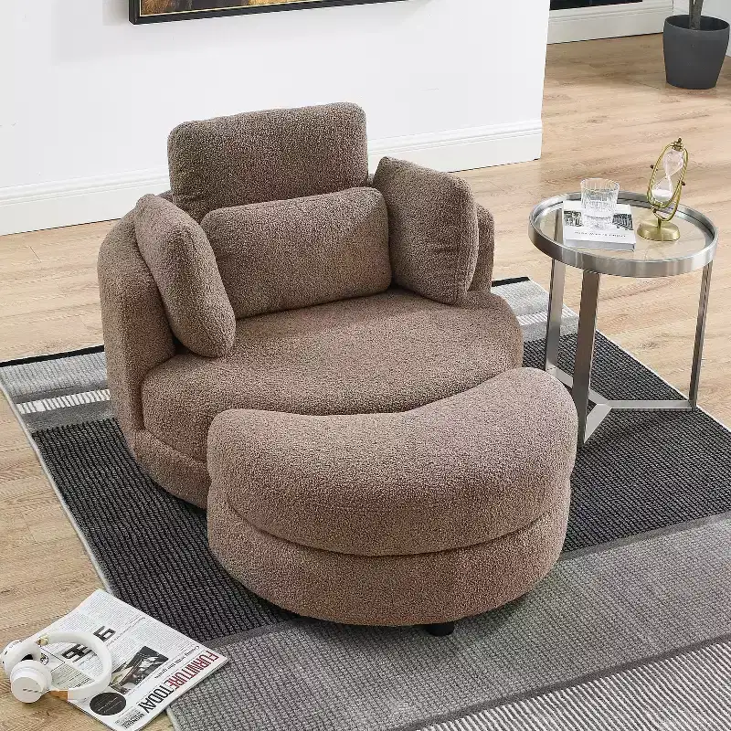 Modern 360 Swivel Boucle Barrel Chair with Storage Ottoman