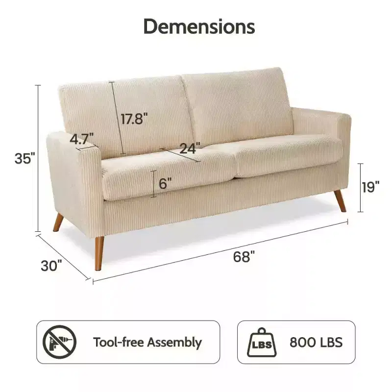 68 Loveseat Sofa, Modern Upholstered Couch with 24 Deep Seat, Padded Arms, Small Comfy Sofa for Living Room