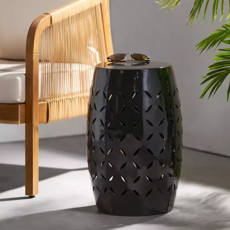 Industrial Cylindrical Side Table – All-Metal Laser-Cut Accent, 12