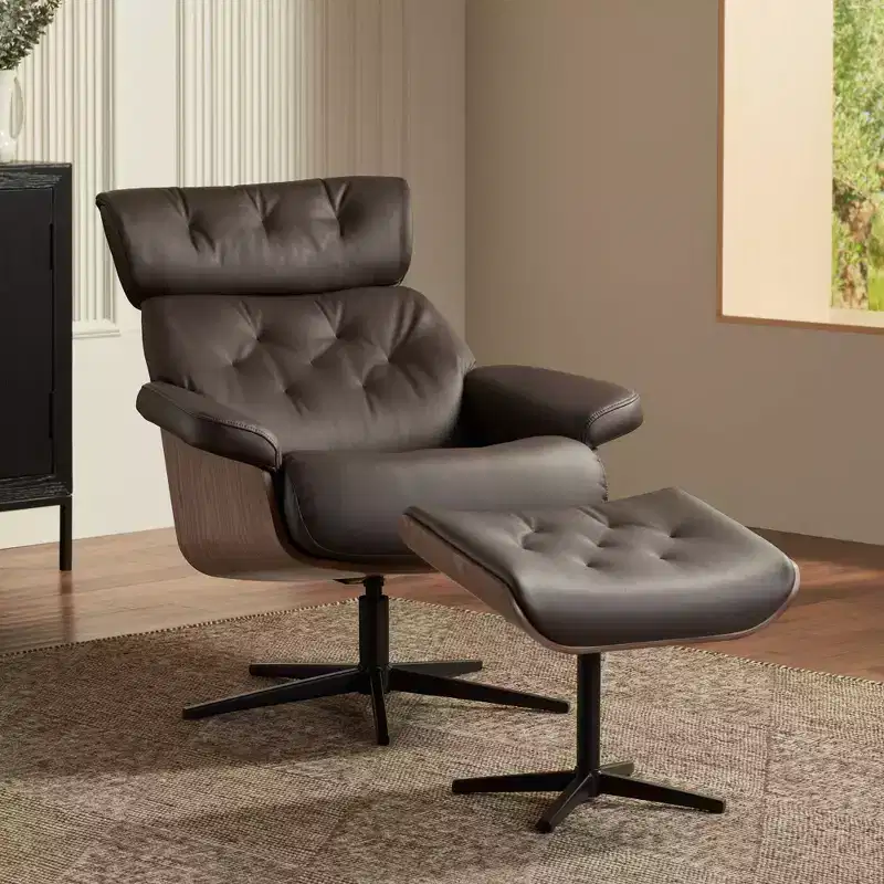 BenchMaster Melia Chocolate Tufted Faux Leather Swivel Recliner and Slanted Ottoman