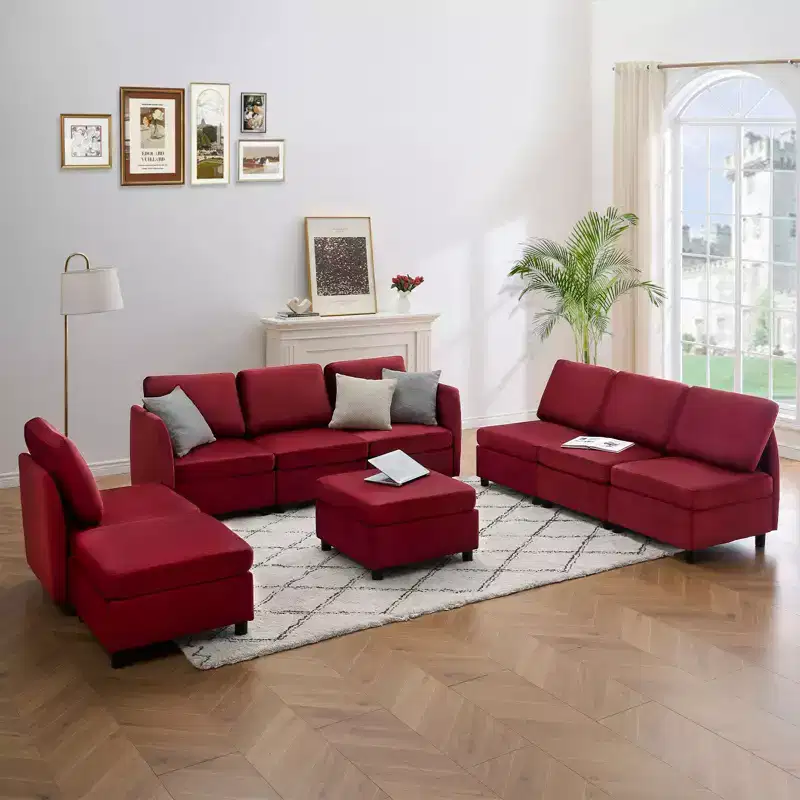 Whizmax 9-Seaters Reversible Velvet Modular Sectional Sleeper Sofa with Ottomans, Storage and Chaise - Wine Red